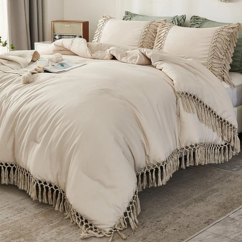 Cream Comforter with Textured Linen Look and Tassel Edges